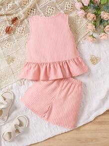 2pcs/Set Young Girl Sleeveless Striped Simple Top And Shorts Set - Pink - View 2