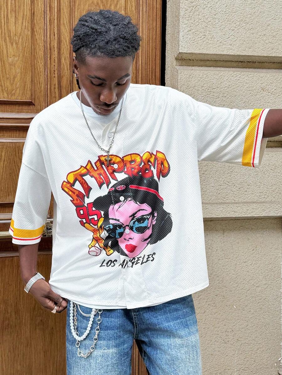 Manfinity VCAY Men's Mesh Cartoon Portrait Printed Loose Drop Shoulder V-Neck Short Sleeve Shirt