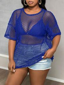 Slaydiva Plus Size Semi-Sheer Loose Fit Crew Neck Regular T-Shirt With 3/4 Sleeves, Casual Street Style, Spring/Autumn - Royal Blue - View 3