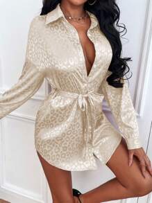 VaVaBold Women's Front Button Long Sleeve Front-Tie Casual Short Dress