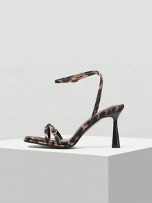 MOTF PREMIUM 女士时尚豹纹踝带方头高跟凉鞋、春季鞋、春假复活节舞会高跟鞋 - 棕色 - 查看 2