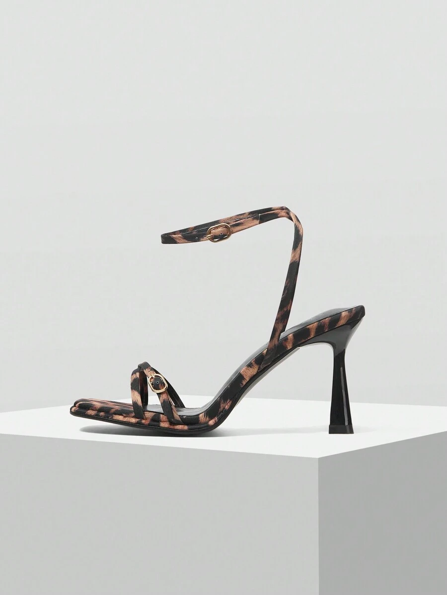 MOTF PREMIUM 女士时尚豹纹踝带方头高跟凉鞋、春季鞋、春假复活节舞会高跟鞋 - 棕色 - 查看 2