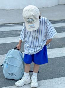 SHEIN 2pcs/Set Young Boys Casual Street Cute Resort Cartoon Animal Group Graphic Loose Round Neck Short Sleeve White & Blue Striped T-Shirt And Blue Shorts Outfit, Suitable For Spring/Summer - Multicolor - View 2