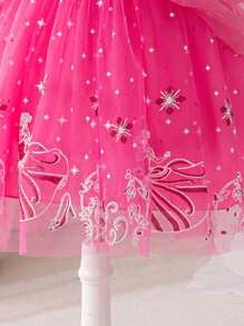 Glamorique Kids 小女孩公主裙，紫红色网纱连衣裙，紫红色印花网纱公主裙，珠宝，生日派对，派对礼服，婚礼节日正式礼服，优雅正式礼服，中东、欧洲和美国 - 玫紅色 - 查看 4