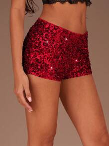 SHEIN SXY 秋季女装；性感约会俱乐部高弹力银珠超低腰短裤；女士纯银闪亮亮片紧身超级短裤，非常适合约会之夜、单身派对、鸡尾酒会、圣诞派对和其他迷人的夜晚活动 - 紅色 - 查看 5