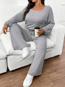 SHEIN Frenchy 1pc Plus Size Women Casual Loose 2 Pieces Set,Fashionable Grey Sports Outfit With Long Sleeve Top & Matching Bottom, Comfortable & Versatile For Daily Wear - Light Grey - View 5