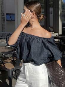 DAZY Women's Off Shoulder Short Sleeve Ruffle Denim Top