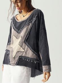 Bohemela 女士宽松衬衫，下摆不对称，针织拼布 - 黑色 - 查看 5