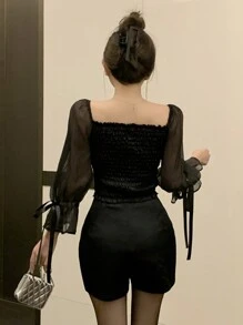 DAZY 两件套女士蕾丝网纱撞色钢圈上衣和短裤内衣套装，修身性感夏季短款女士套装，家居服套装，女士短款套装 - 黑色 - 查看 5