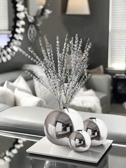 1Pc Ceramic Vase Home Decoration Crafts, Flower Pot Art Hydroponic Vase Home Decoration Gifts, Ceramic Vase Craft Small Round Ball Vase Plant Container Cup Flower Arrangement Home Desktop Decoration (Silver)