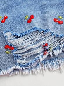 SHEIN MOD Women's Plus Size Denim Shorts Red Cherry Embroidery Ripped Denim Shorts Sweet Summer Shorts - Light Wash - View 4