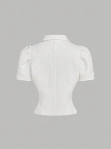 SHEIN MOD Apricot Short-Sleeved Suit Jacket With Lapel Puff Sleeves, Xiaoxiang Jacket, Elegant Jacket, Valentine's Day Clothing, New Year's Clothing - White - View 2