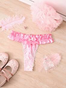 FairyFlirt Sweet Cute Exaggerated Satin Ruffle Trim Big Bow Floral Lace Thong Panties, Pink