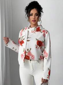 Calvaya Camisa de mujer con patrón de rosa y cuello de bufanda, manga larga, elegante