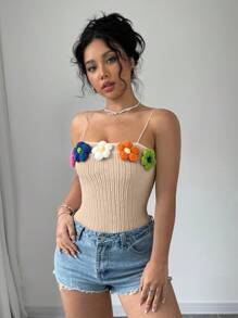 Elenzga Simple 3D Flower Decor Spaghetti Strap Tight-Fitting Casual Cold Shoulder Top - Apricot - View 3