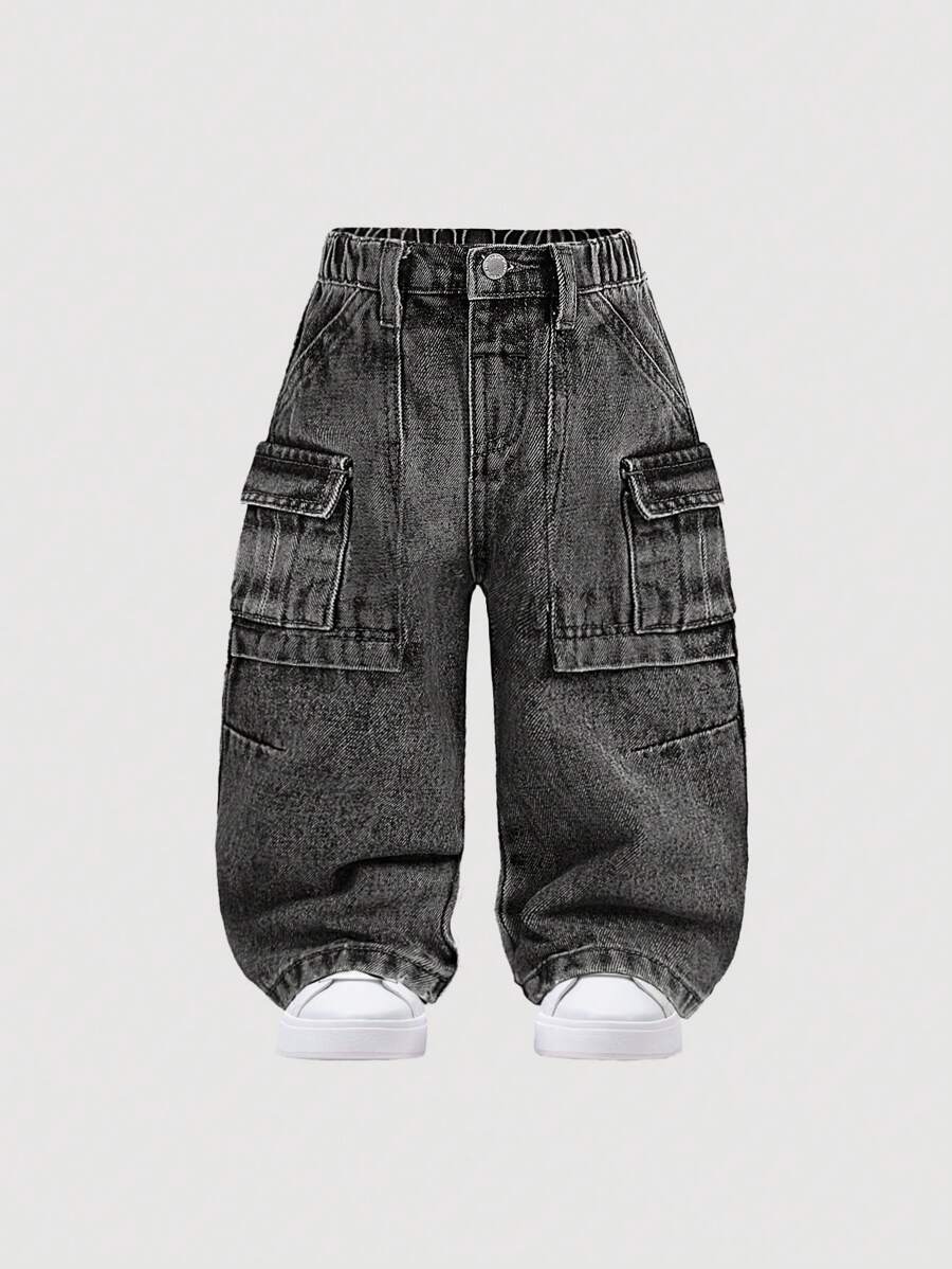 SHEIN 男婴时尚石洗复古工装口袋开叉设计宽松黑色牛仔裤，休闲百搭，适合男婴室内/户外秋冬服装