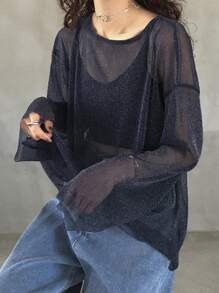 FRIFUL Women's Loose Sheer Round Neck Long Sleeve Cropped Top, Sexy Party Style For Summer Music Festivals - Navy Blue - View 6