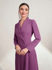 Modelyn 女士纯色垂领长袖百褶下摆中长连衣裙