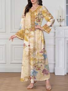 Al Najma 女士节日节日定位印花 Jalabiya 印花 V 领长袖长裙，端庄全长连衣裙