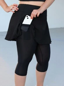 SHEIN EZwear Plus Size Black Running Skirt With Built-In Pockets, Leggings
