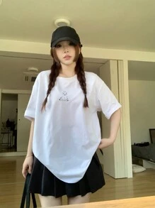 DAZY Women's Crew Neck Solid Color Cartoon Animal Print Short Sleeve T-Shirt Oversized T-Shirt - White - View 3