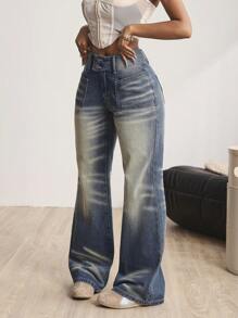 SHEIN ICON Jeans de mezclilla con bolsillo delantero y botones, para uso diario casual de mujer