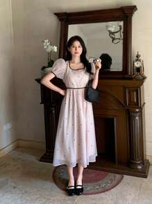 DAZY Women's Polka Dot Bowknot Casual Puff Sleeve Mid-Length Dress Sundress Easter Maxi Dress Floral Dresses For Women - Apricot - View 2