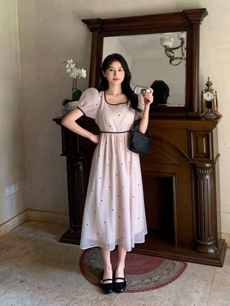 Women's Polka Dot Bowknot Casual Puff Sleeve Mid-Length Dress Sundress Easter Maxi Dress Floral Dresses For Women