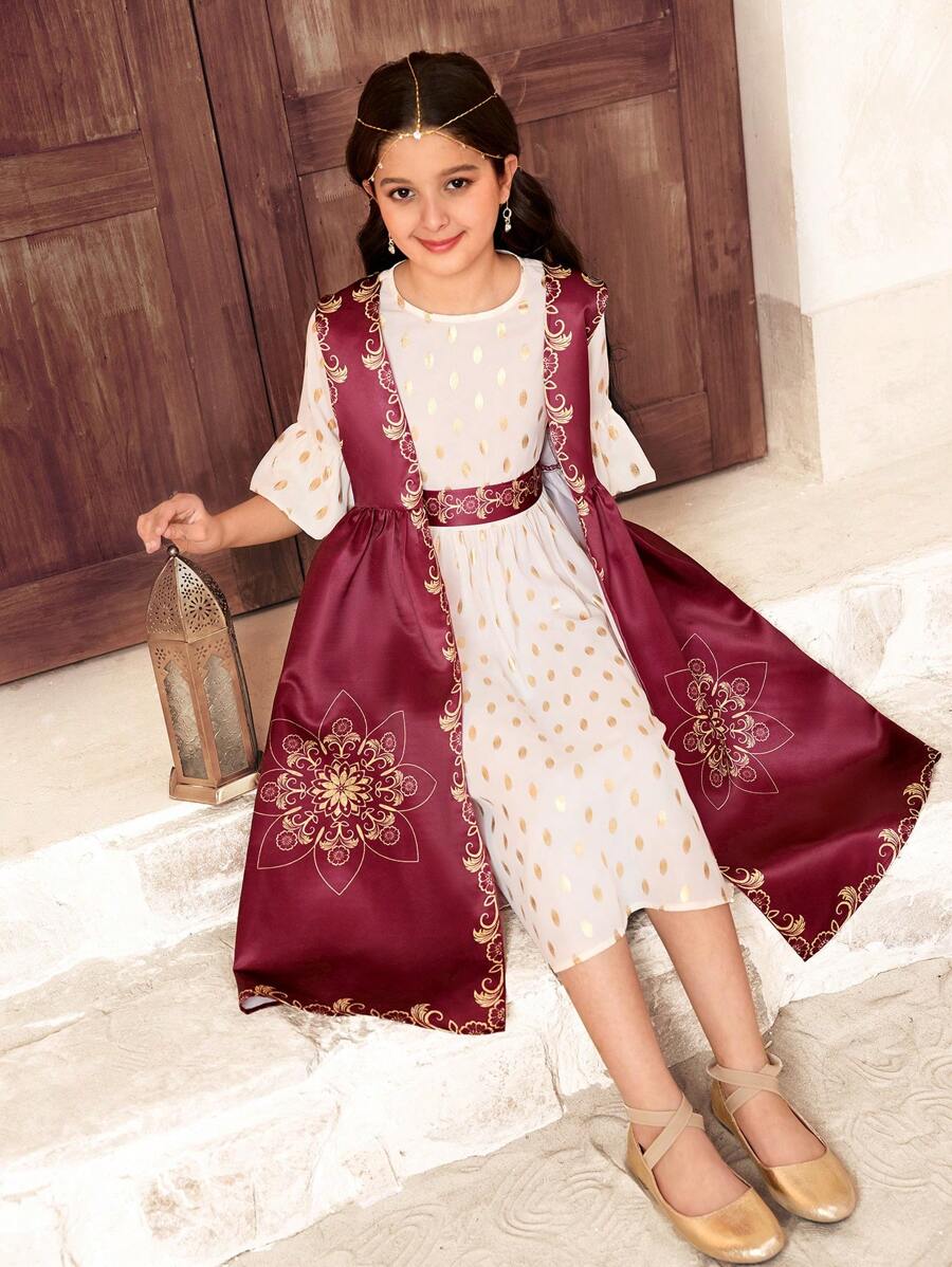 SHEIN Conjunto de atuendo informal para vacaciones de niña preadolescente con vestido cruzado de manga abullonada y abrigo estampado con motivos florales retro elegantes - Burdeos - Ver 1