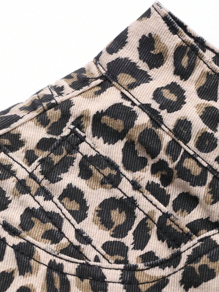 Leopard Print Bodycon Denim Mini Skirt For Women Cheetah Print Jeans Skirt