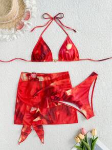 Swim SXY Conjunto de 3 piezas de playa para mujer: Traje de baño con estampado tie-dye, falda casual y sexy, adecuado para vacaciones de playa en verano - Multicolor - Ver 4