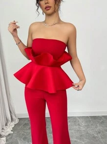 Elenzga 女士 2 件套：3D 荷叶边细肩带短款上衣 + 高腰喇叭裤，适合法国派对、复活节、情人节、中国新年等场合穿着