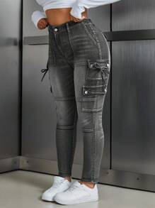 SHEIN ICON Plus Size Front Button Pocket Casual Denim Jeans, Everyday Wear - Light Grey - View 1