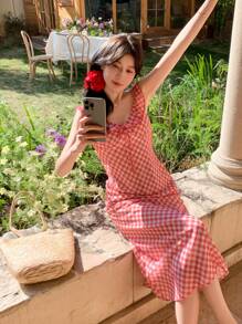 DAZY 女士 V 领荷叶边格子中长休闲连衣裙、挤奶女工连衣裙 - 紅色 - 查看 8