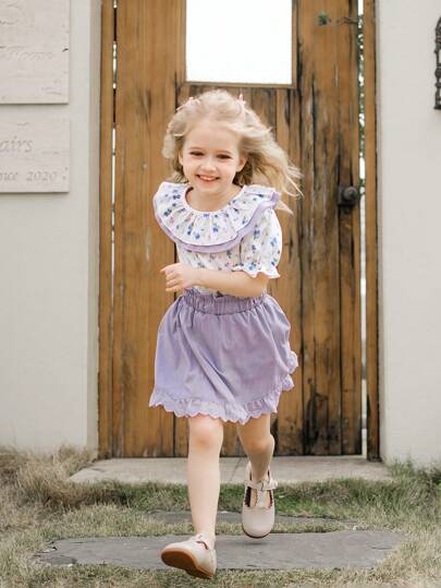 SHEIN Girls Floral Print Ruffle Trim Short Sleeve Blouse Shirt, Comfortable Spring Autumn