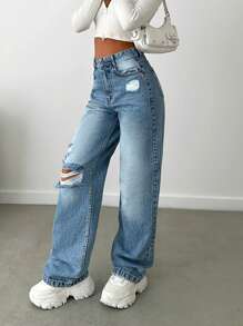 EURMUSE Women's Loose Fit Ripped Pockets Straight Leg Casual Jeans - Light Wash - View 4