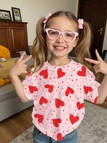 SHEIN Cute Handpainted Heart Print, Pink & Red, Young Girl Casual Simple Round Neck Short Sleeve T-Shirt, Suitable For Summer - Multicolor - View 1