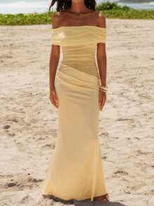 Opulessa 夏季度假服装女士海滩波西米亚风波西米亚节婚礼派对优雅性感正式伴娘生日纯色针织网眼露肩美人鱼连衣裙 - 黃色 - 查看 5