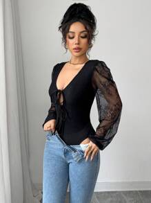 Chiquease Lace Bowknot Front Black Bodysuit, Minimalist Fashion Casual Bodysuit For Everyday Wear Fall Cloth For Women