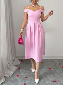 Rafferiza 优雅时尚露肩细肩带腰部喇叭下摆粉色连衣裙，适合休闲、约会、派对 - 粉色 - 查看 6