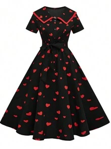 SHEIN Clasi Robe vintage élégante à manches courtes avec boutons devant et imprimé cœurs sur tout le vêtement, grande taille