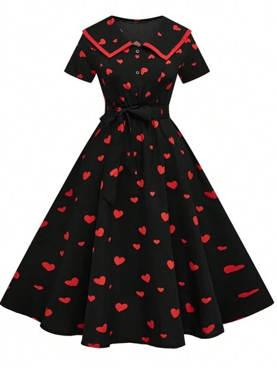 SHEIN Clasi Plus Size Front Button Short Sleeve All-Over Heart Print Elegant Vintage Dress