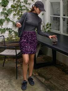 DAZY 亮片装饰迷你裙，适合情人节、中国新年派对和春季穿着，Y2K风格舞会裙，秋季冬季女装嘉年华裙装 - 紫色 - 查看 4