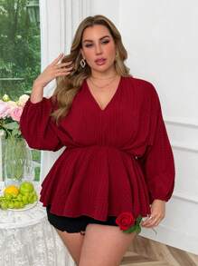 SHEIN Unity Plus Size V-Neck Textured Fabric Elastic Waist Batwing Sleeve Long Shirt - Burgundy - View 3