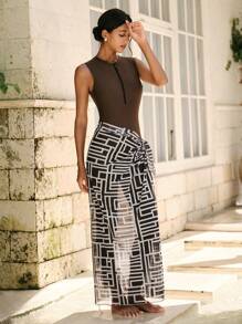 SHEIN Swim Mulvari Đồ bơi một mảnh cổ chữ V có khóa kéo thoải mái cho nữ - màu nâu - Xem 1