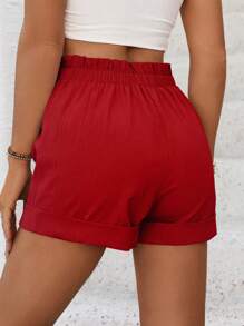 Breezaya Women Solid Color Frill Trim Button Casual Shorts - Burgundy - View 2