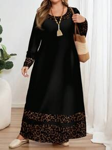 EMERY ROSE Plus Size Casual Simple Round Neck Long Sleeve Dress, Suitable For  Chic Dress,Spring/Summer/Vacation - Multicolor - View 4