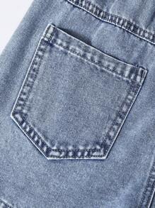 Conjunto de 2 piezas de estilo Y2K para vacaciones para niñas preadolescentes, nuevo y a la moda, conjunto versátil diario casual con top de tirantes acanalado floral de efecto vintage desgastado y shorts de efecto denim - Azul lavado medio - Ver 6