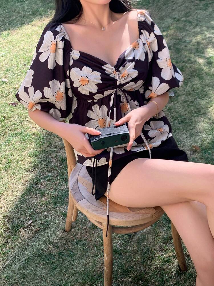 Women Floral Print Short Sleeve Casual Top Vacation Women