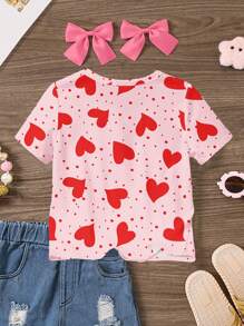 SHEIN Cute Handpainted Heart Print, Pink & Red, Young Girl Casual Simple Round Neck Short Sleeve T-Shirt, Suitable For Summer - Multicolor - View 2